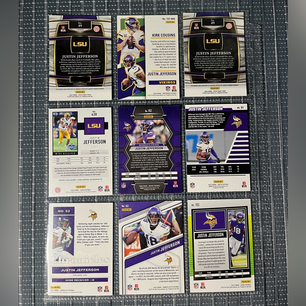 🏈 Justin Jefferson NFL Football Sports Trading Cards, Qty 9, Lot #1 - Picture 2 of 5
